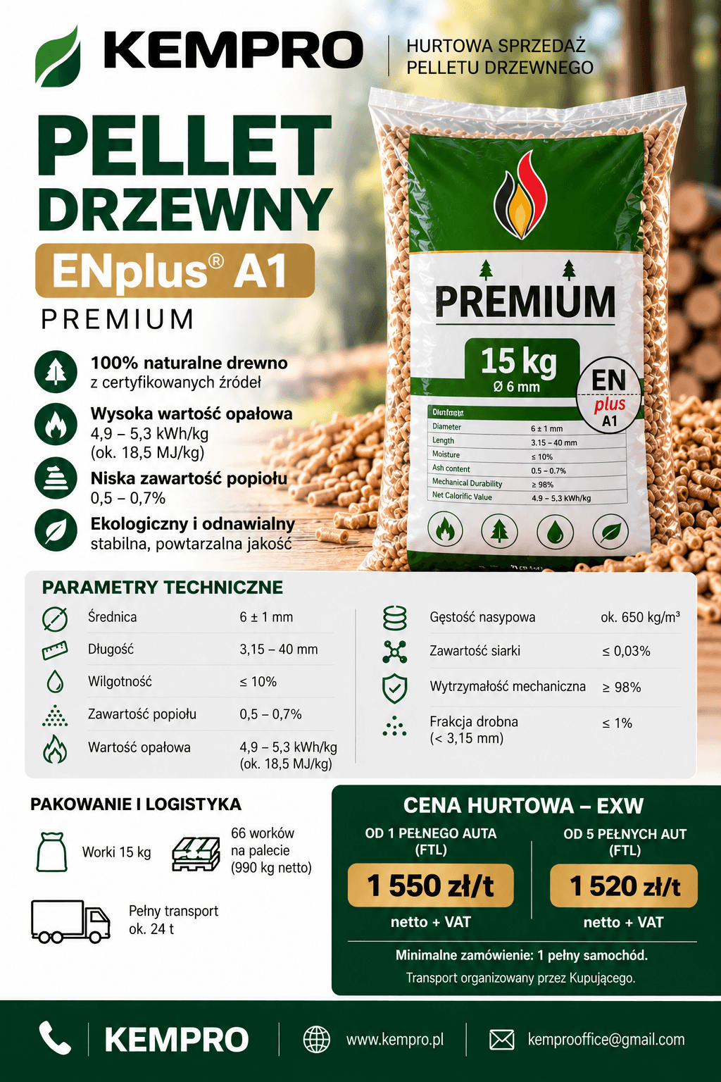 Pellet drzewny ENplus A1 - 6 mm, worki 15 kg